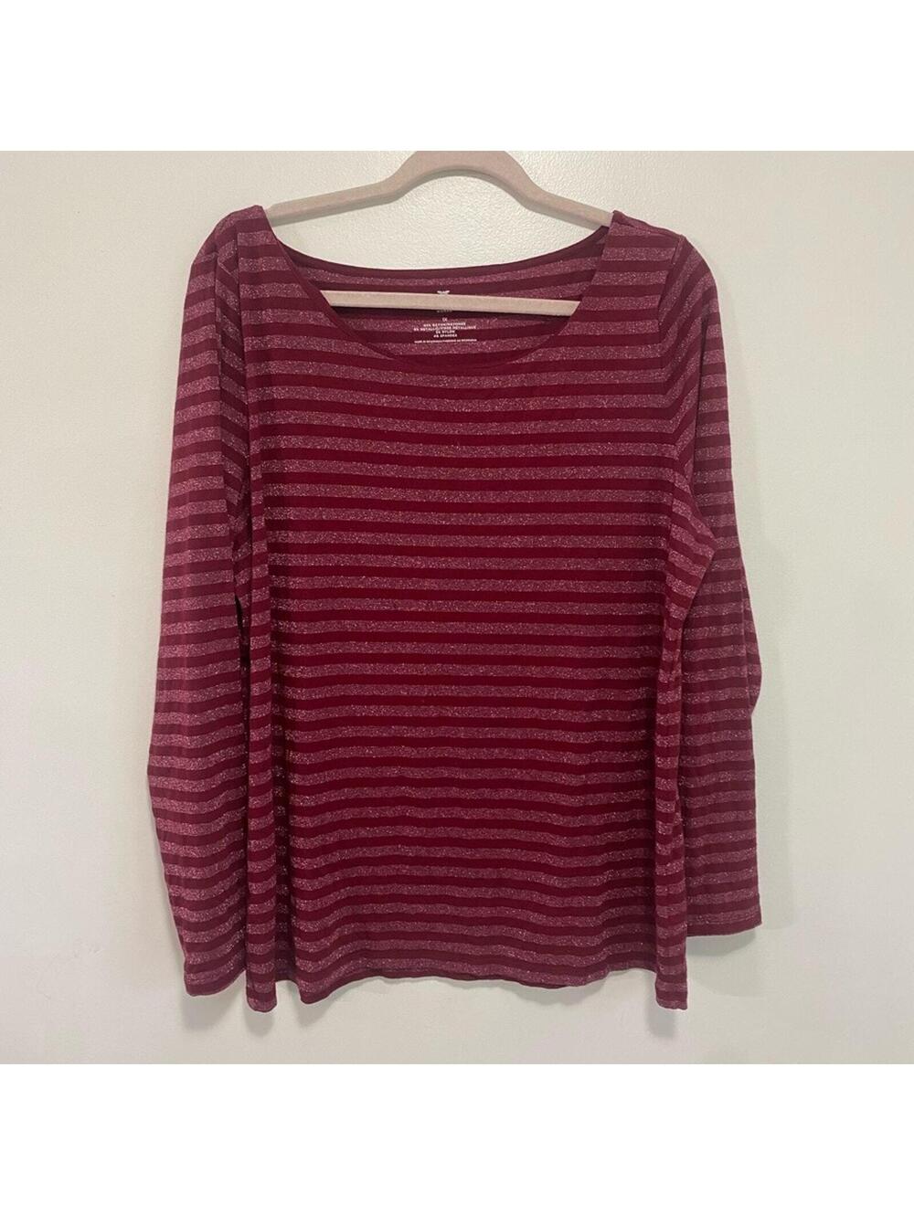 Talbots Maroon Striped Glitter Long Sleeve Plus Size Top 1X Holiday Everyday